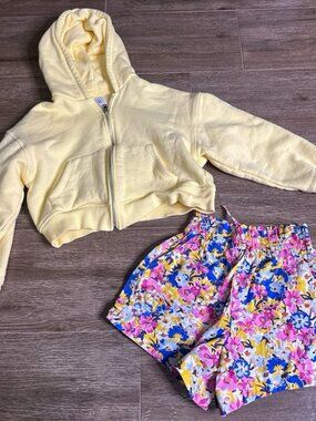 Zara Girls Yellow Hoodie Floral Shorts Set 9-10 Cotton